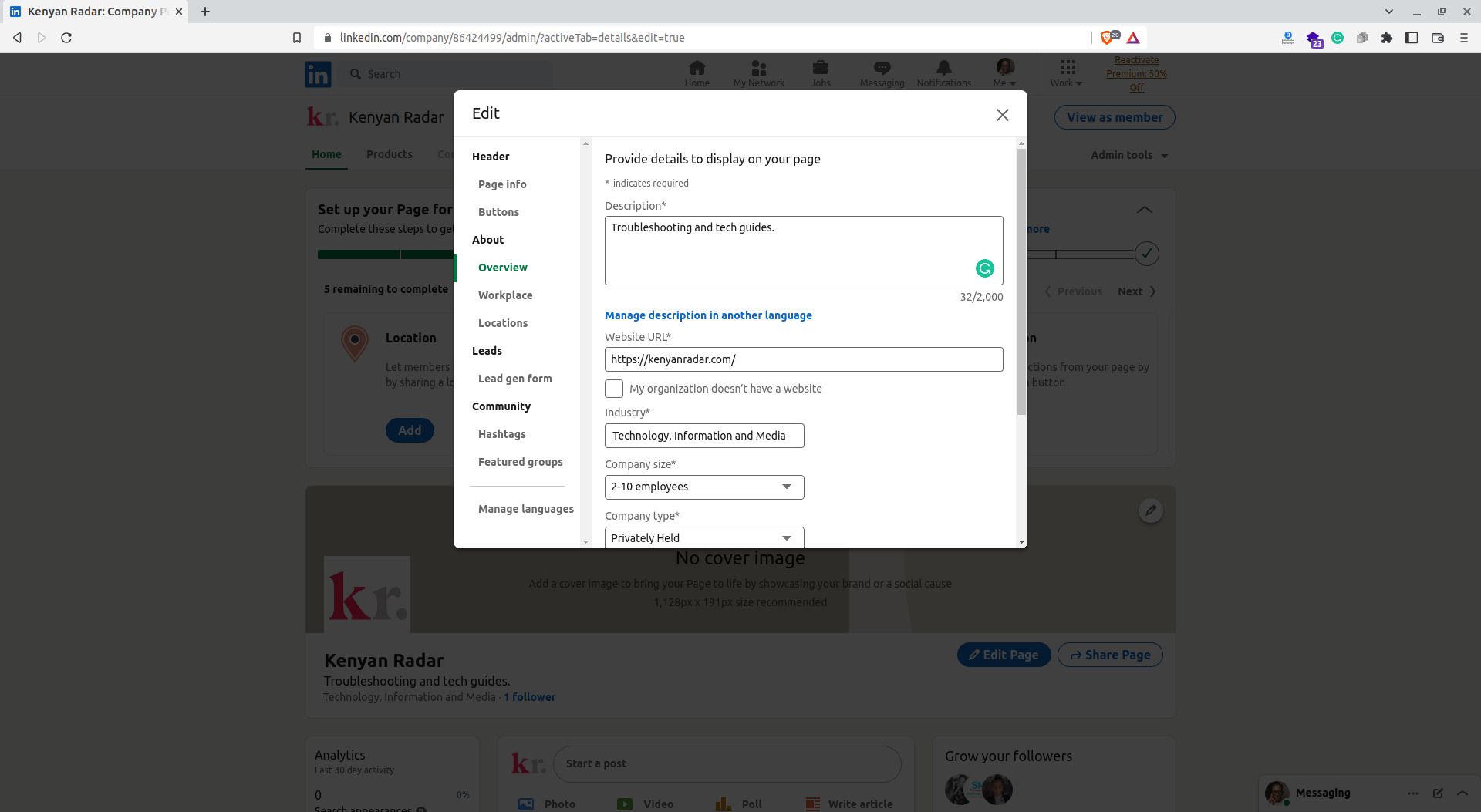 Screenshot of LinkedIn page editing details