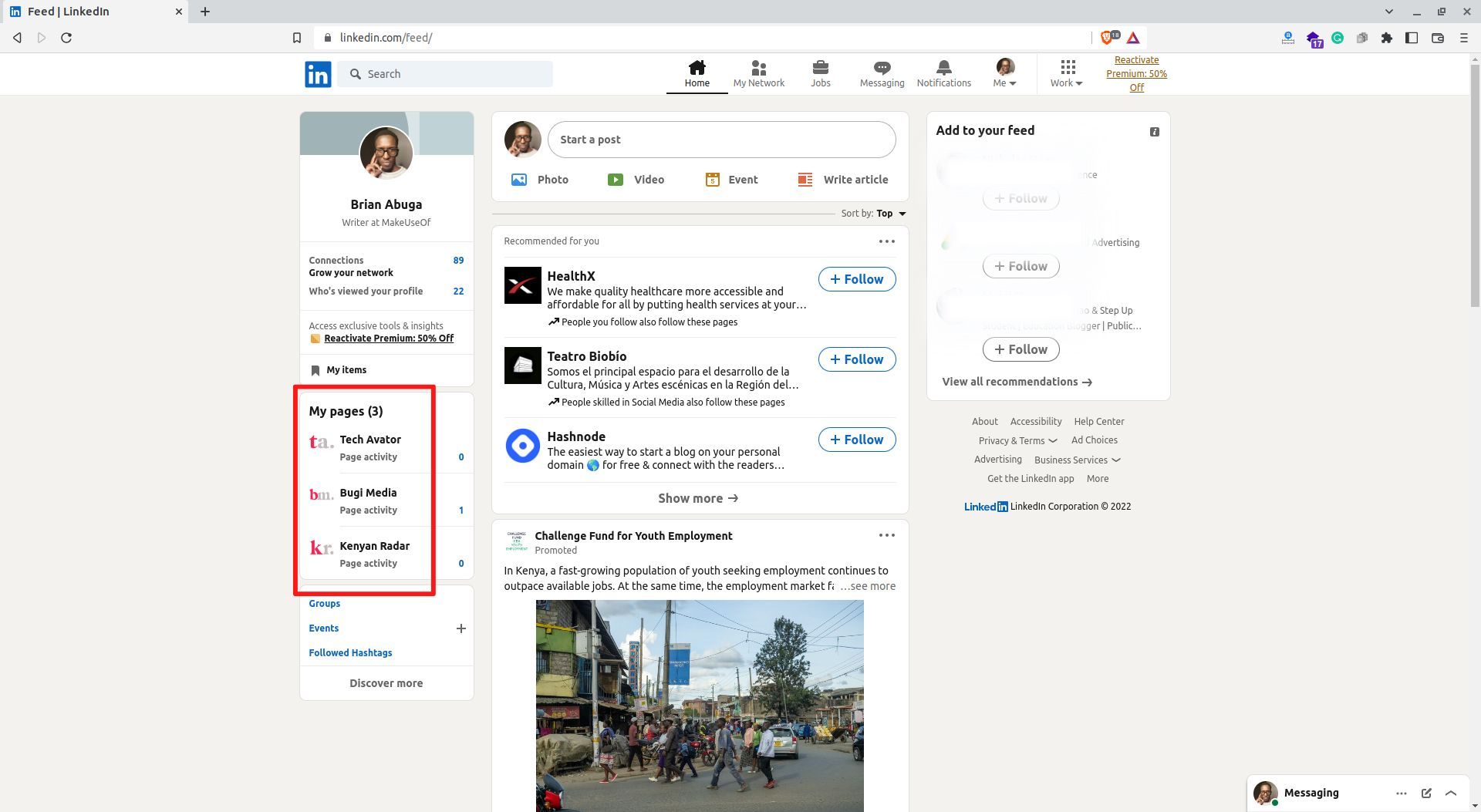 Screenshot of LinkedIn homepage