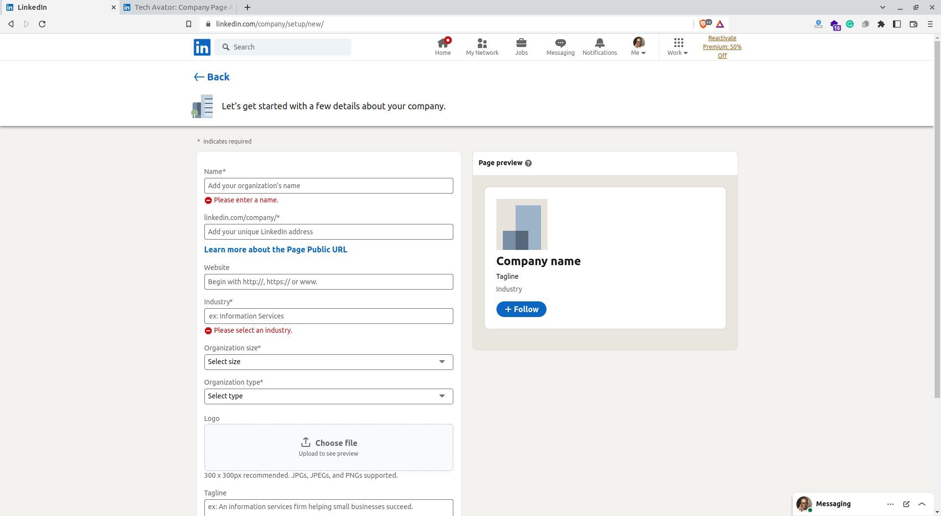 Screenshot of filling LinkedIn page details