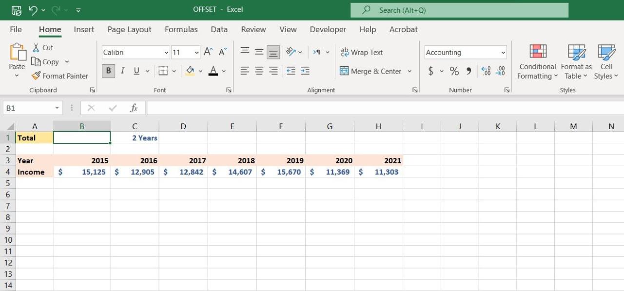 A practical example of the OFFSET function in Excel