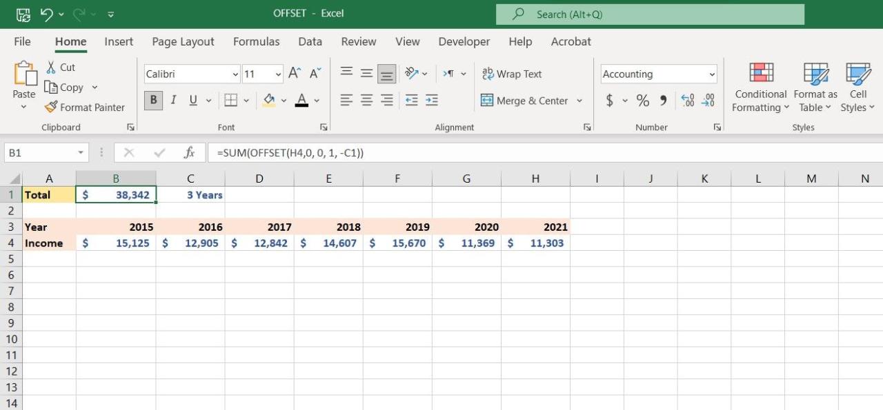 Results of an OFFSET example in Excel