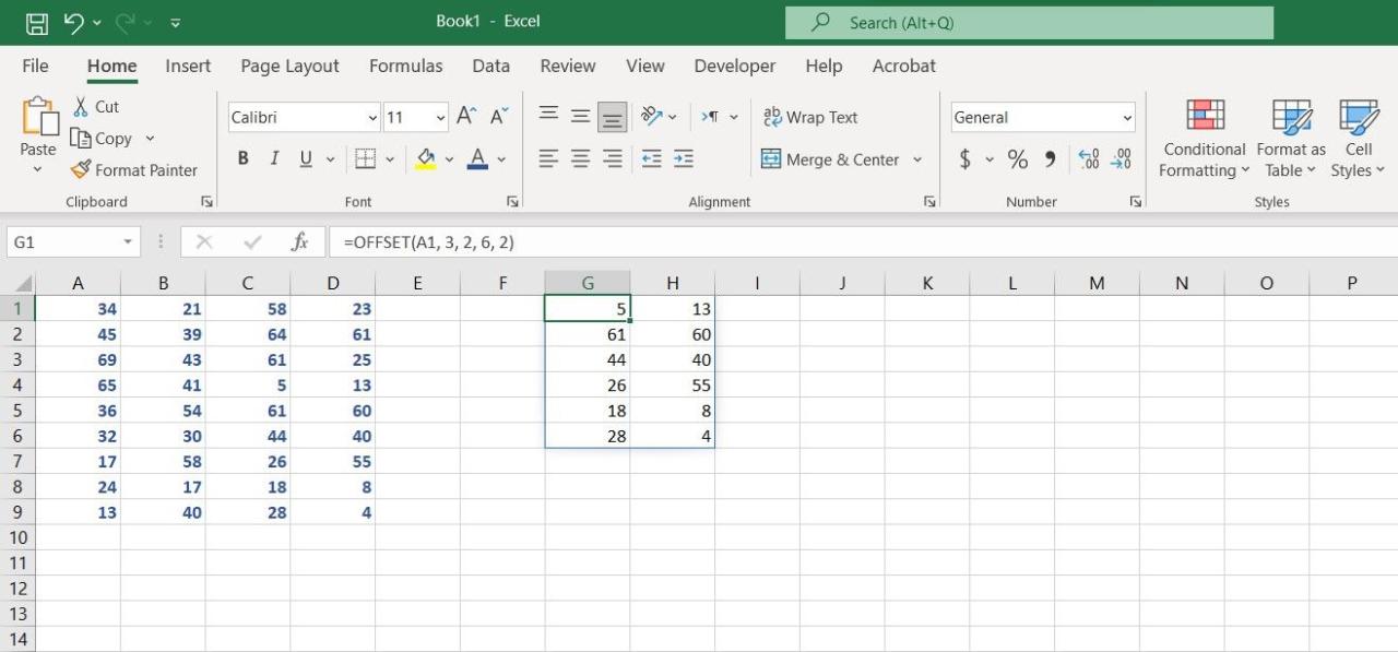 OFFSET function used to return a range of cells