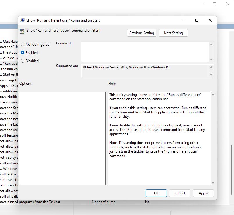 enabling the run as a different user option using the group policy editor