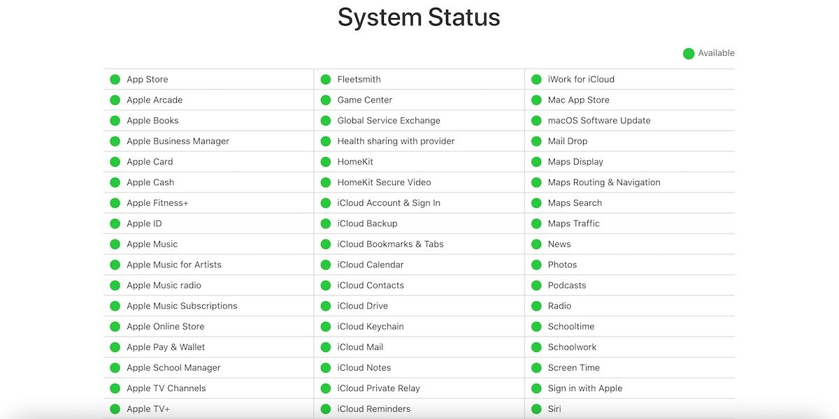 Screenshot of Apple System Status homepage