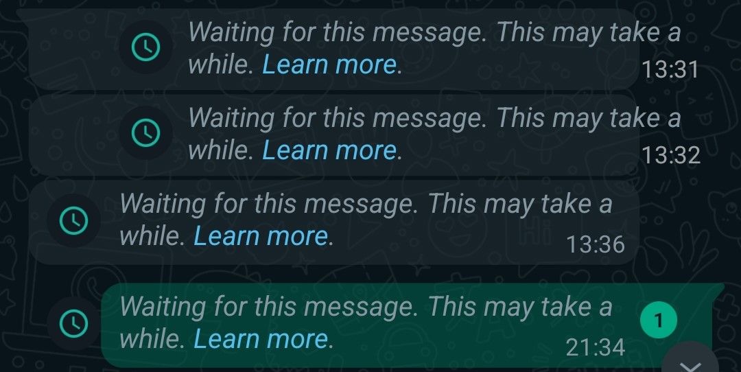 screenshot of whatsapp conversation with waiting for this message error