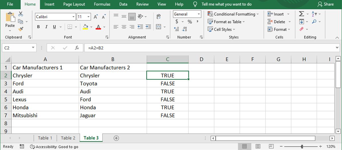 Compare two columns in Excel