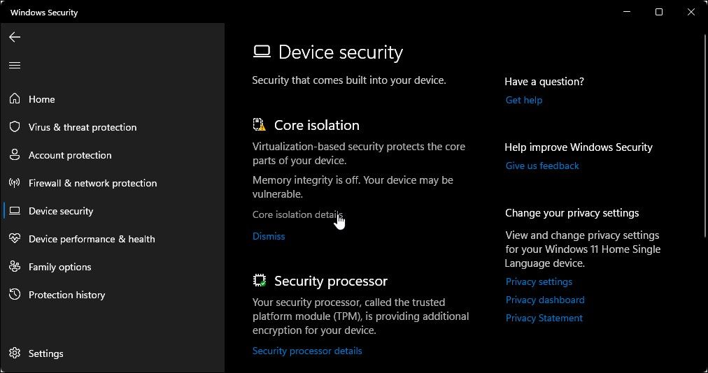 windows device security core isolation