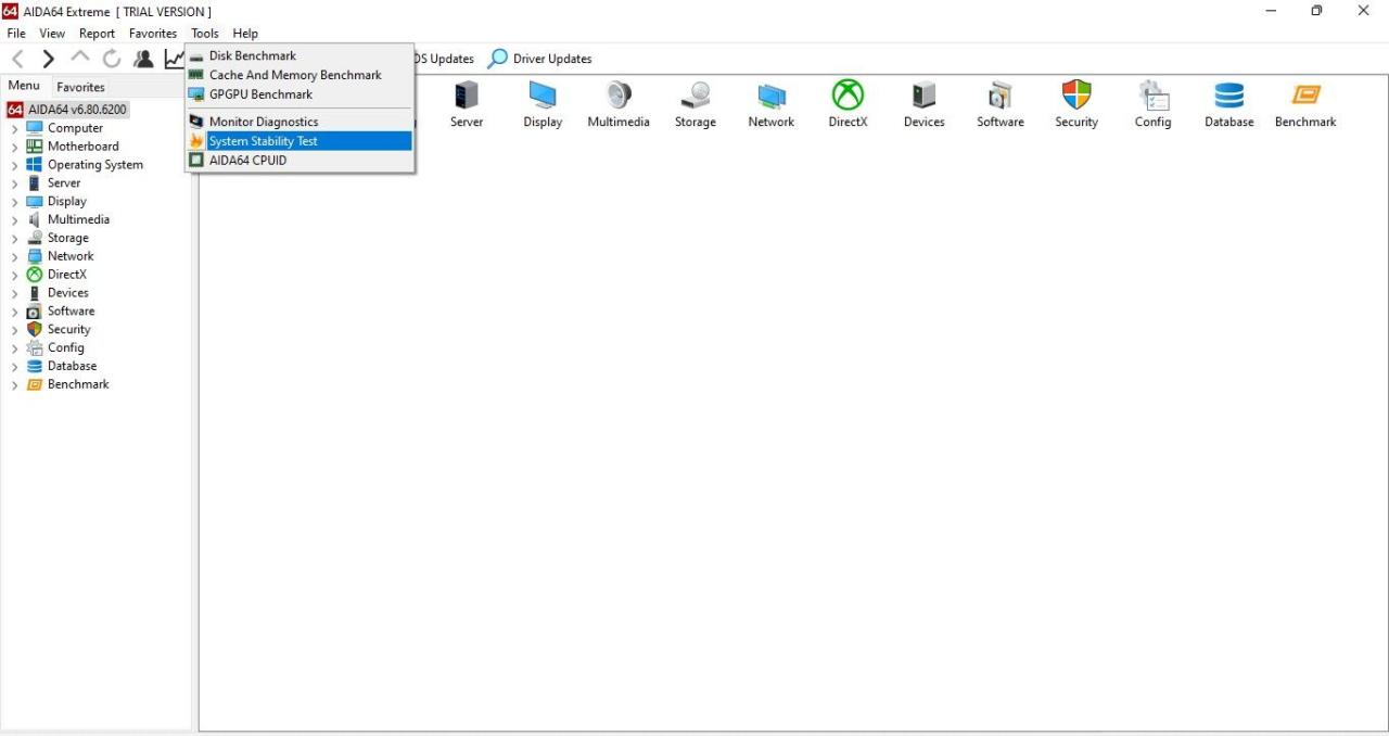 Selecting System Stability Test from the Dropdown of the Tools Tab in AIDA Extreme Software on Windows