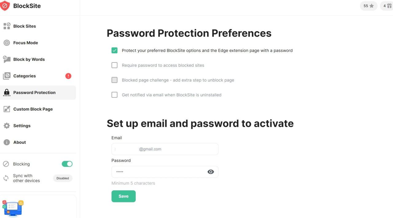 Checking the Box for Protect Your Preferred BlockSite Options and the Edge Extension Page with a Password in the BlockSite Extension Settings on Edge