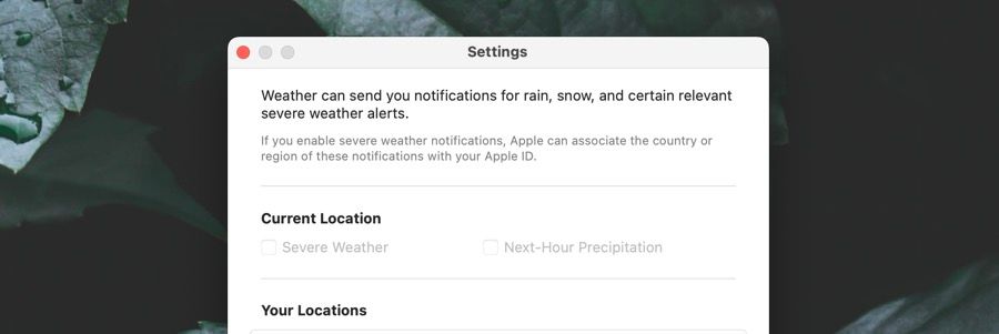 Enabling severe weather alerts in macOS Ventura.