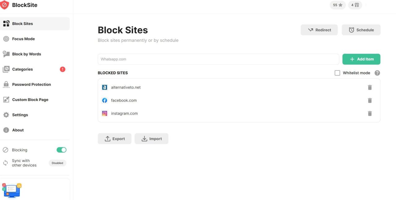 Adding Websites in the Block Sites Tab of BlockSite Extension on Edge