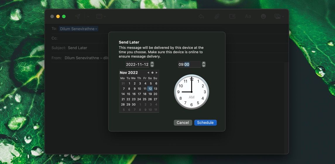 Scheduling an email in Mail for macOS Ventura.
