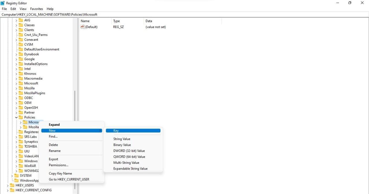 Creating a New Key Named Edge by Right Clicking on the Microsoft Key in the Windows Registry Editor App