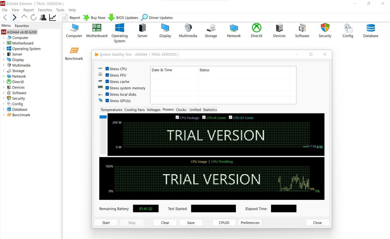 Checking all the Boxes in the Top-left corner of the System Stability Test Window to Stress Test all Components in AIDA Extreme Software on Windows