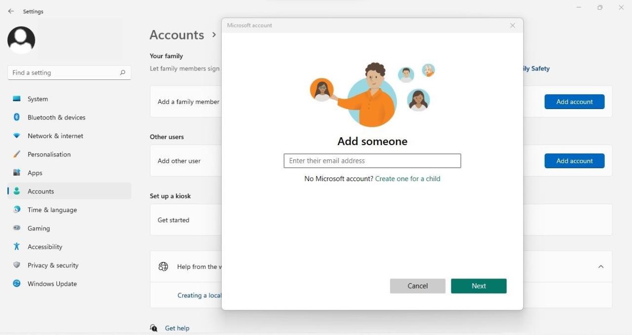 Creating a Child Account by Clicking on the Add Account Button Next to the Add a Family Member Option in Windows Settings App