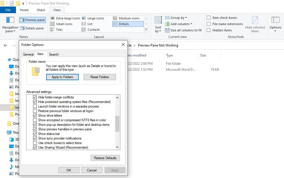 Enabling Preview Handlers in Folder Options Window in File Explorer