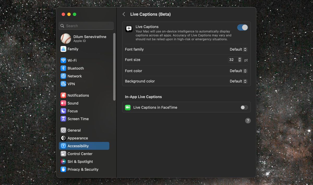 Enabling Live Captions in macOS Ventura.