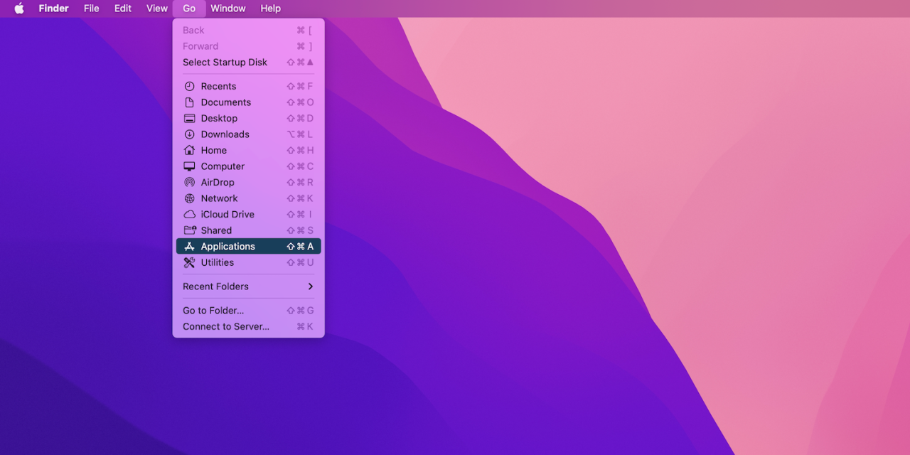 Opening Applications folder via the Mac menu bar.