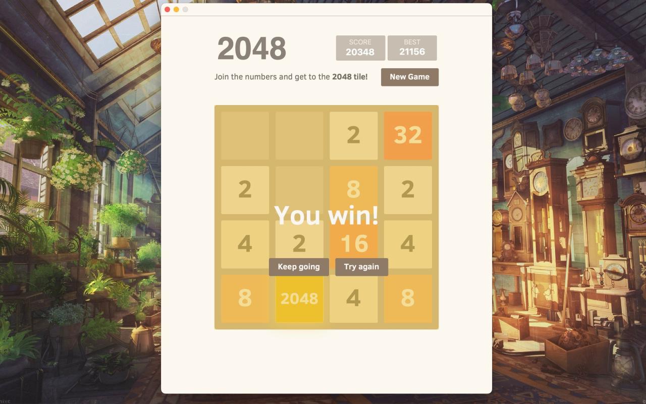 2048 puzzle game screenshot with You win!