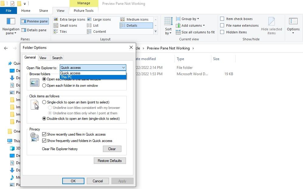 Changing Open File Explorer to Option in Folder Options of Windows File Explorer