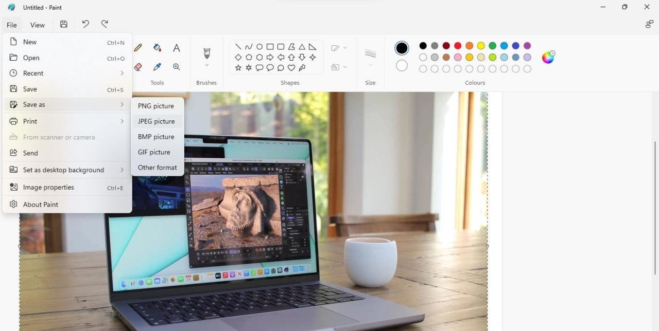 Saving the Copied Image in the Desired Format by Clicking on the Save As Menu in Paint App on Windows