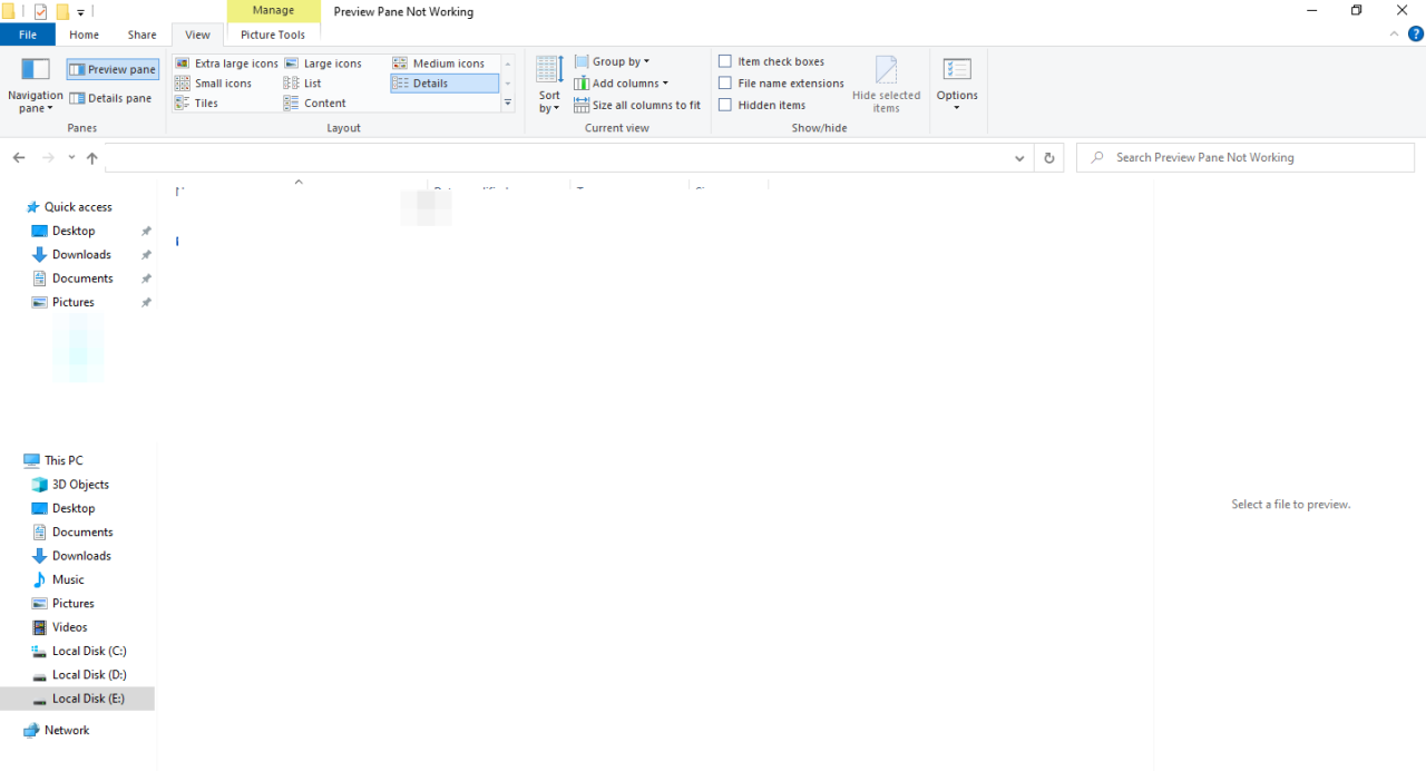 Preview Pane Showing in File Explorer in Windows