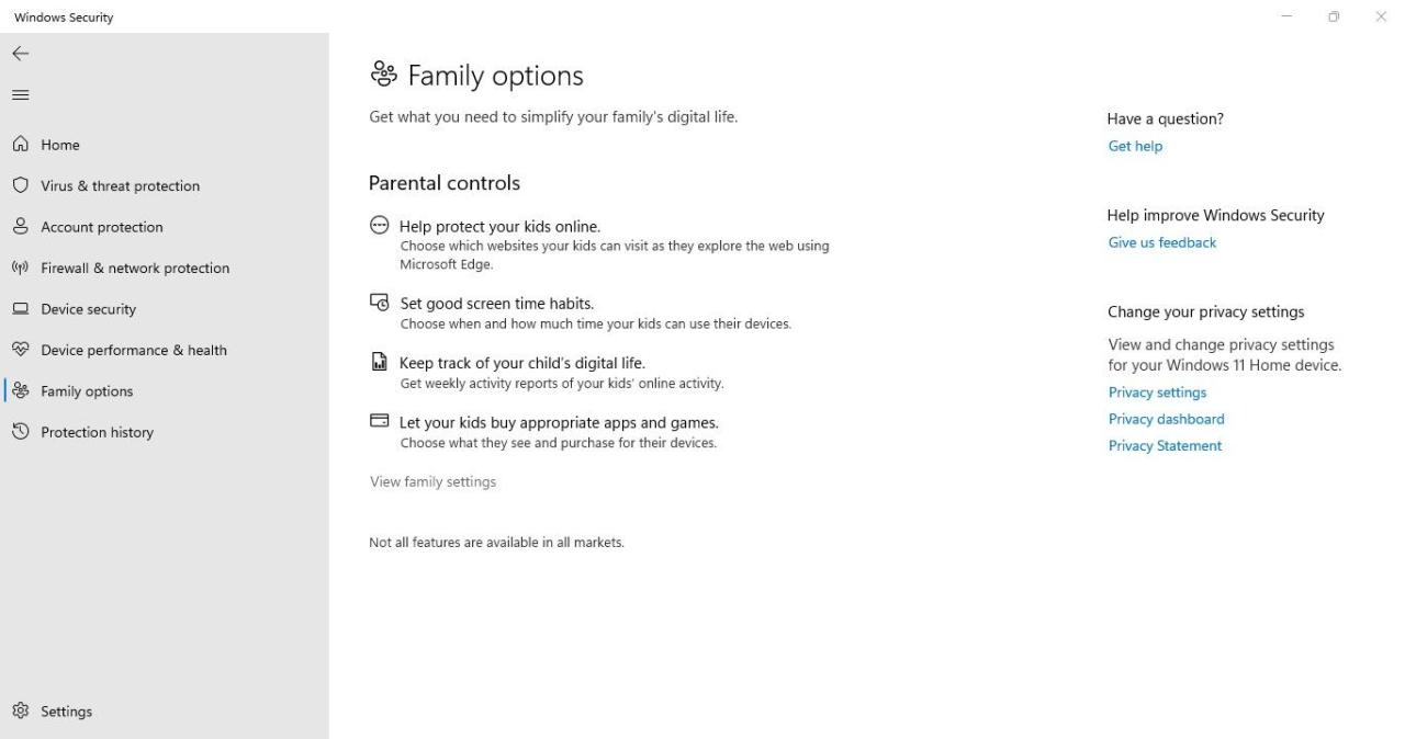 Clicking on the View Family Settings in the Family Options Settings of the Windows Security App