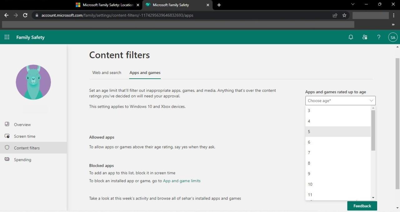 Choosing Five from the Dropdown Menu of Apps and Games Rated up to Age Option on the Microsoft Family Safety Home Page