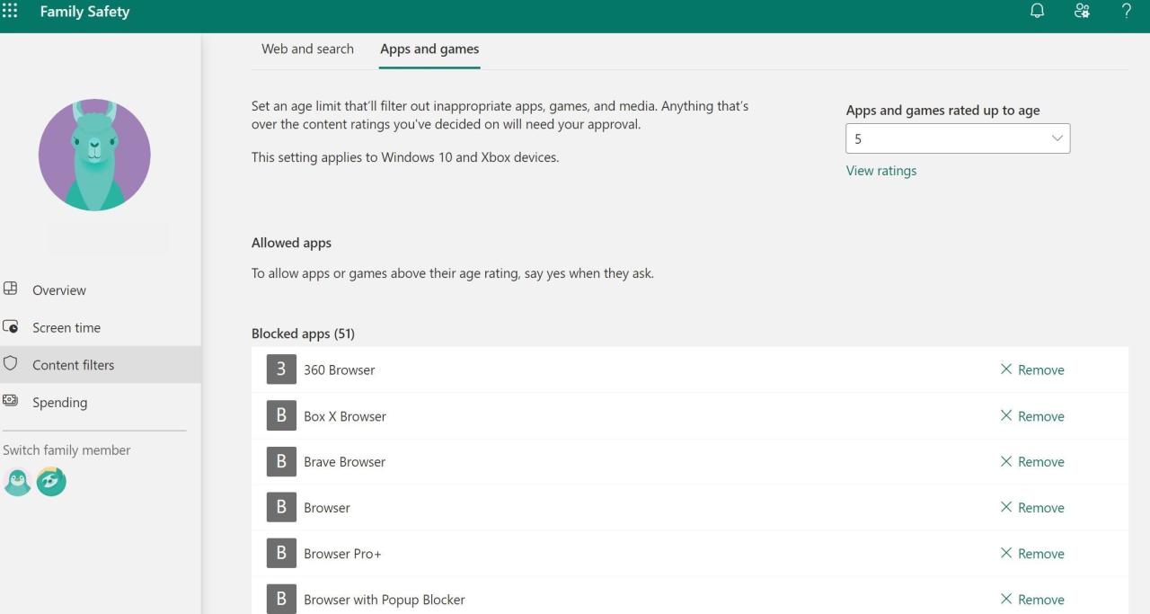 Checking the List of Browsers Added to the Blocked Apps List by Scrolling Down on the Apps and Games Filters Section on the Microsoft Family Safety Home Page