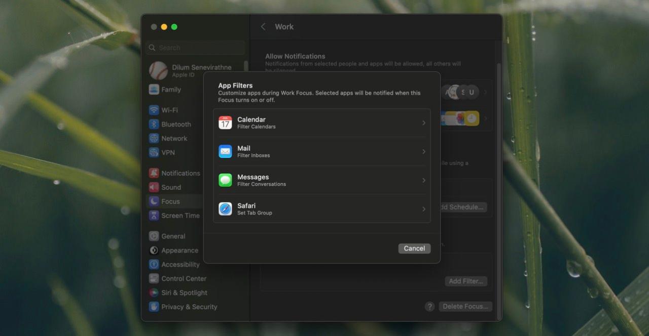 Setting up Focus Filters in macOS Ventura.