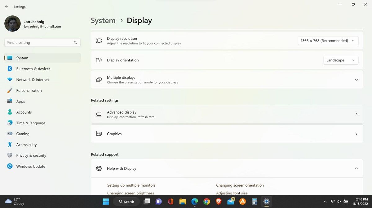 Advanced display in the Windows 11 Settings Menu