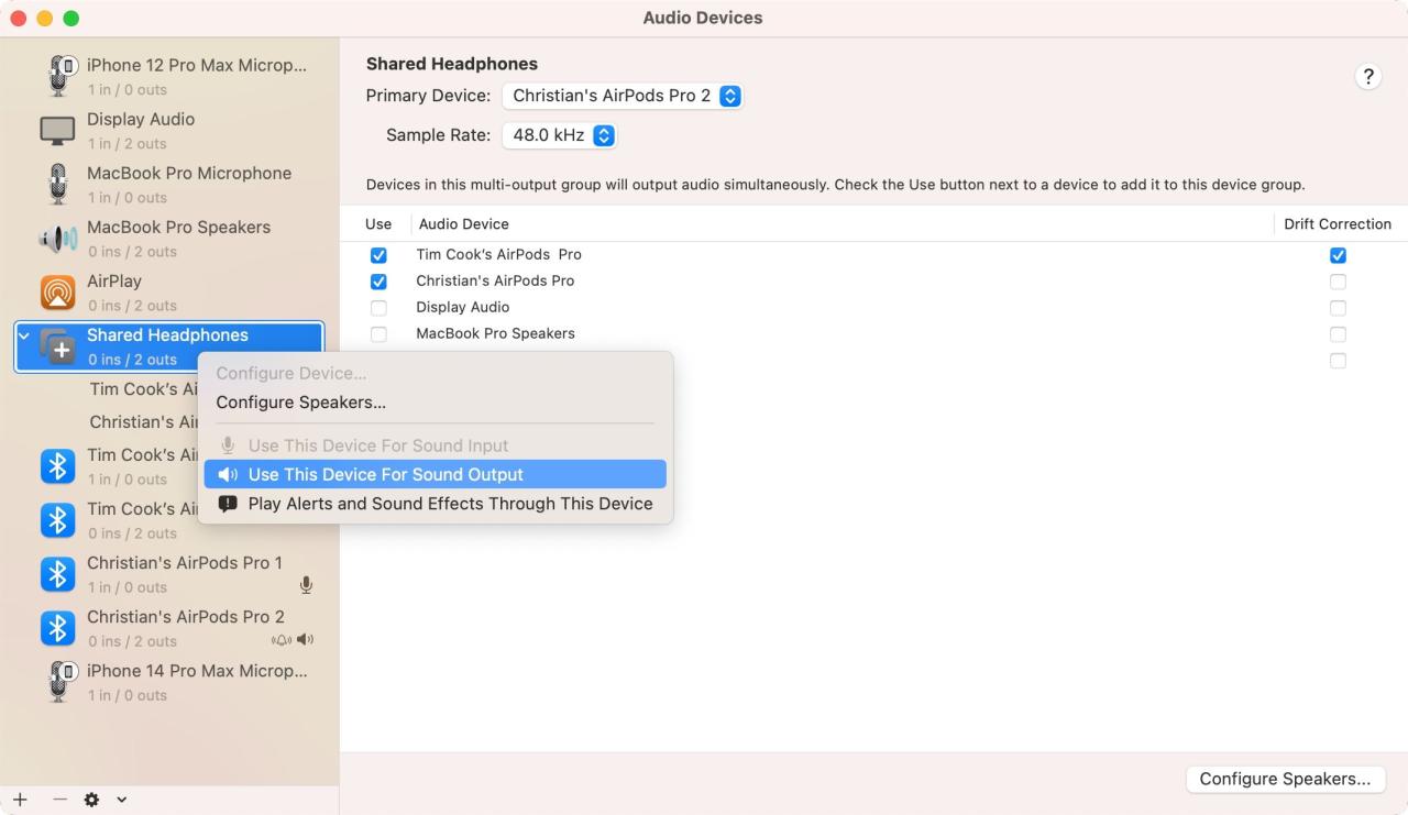 Audio MIDI Setup in macOS Ventura showing connecting two sets of AirPods