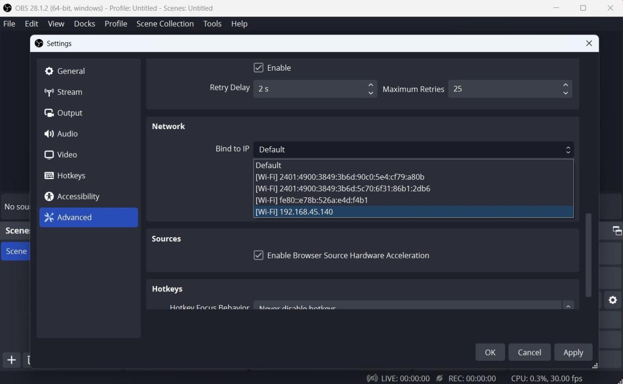 Bind to IP option in OBS Studio