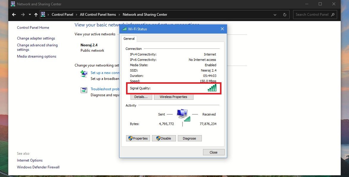 Wi-Fi Status Window Showing Wi-Fi-Signal Quality