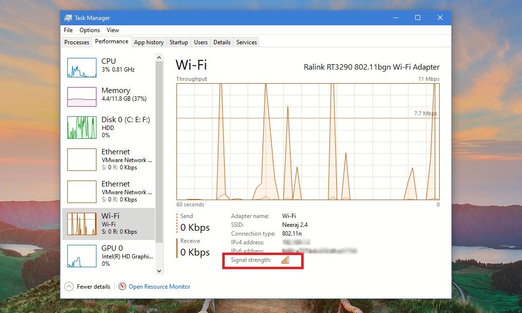 Wi-Fi Signal Strength Showing in Task Manager