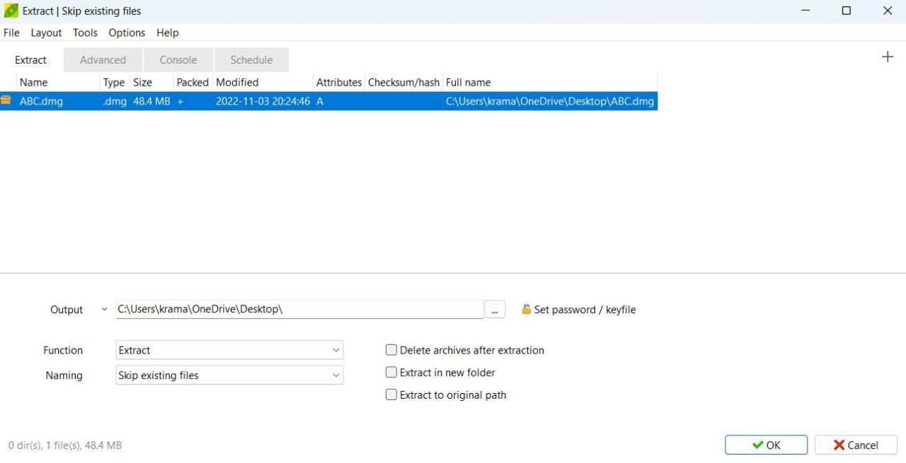 Choose Extract Options in PeaZip