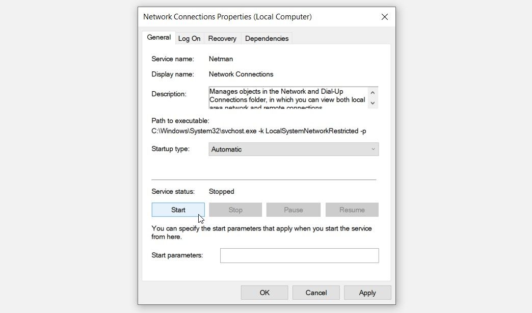 Configuring the Network Connections Service Settings