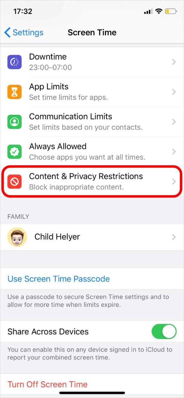 Content & Privacy option highlighted from Screen Time settings