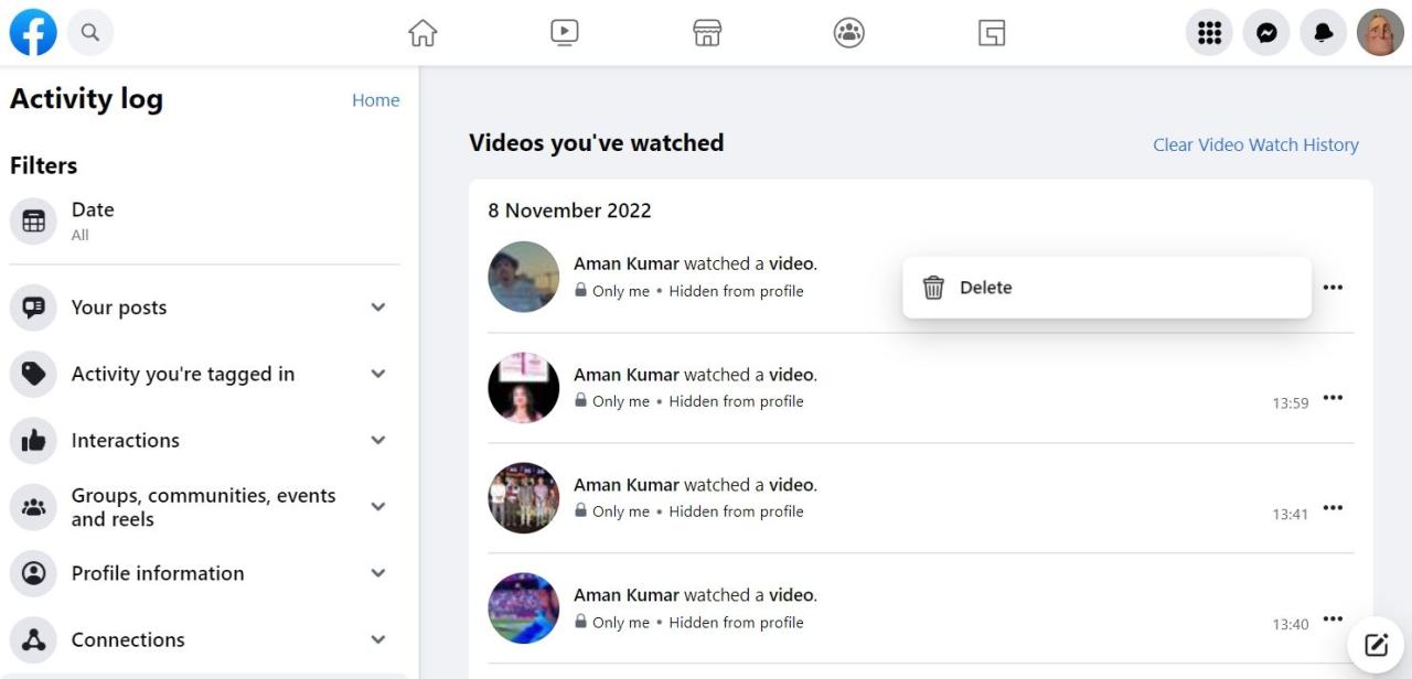 Delete option to delete individual video from FB watch history