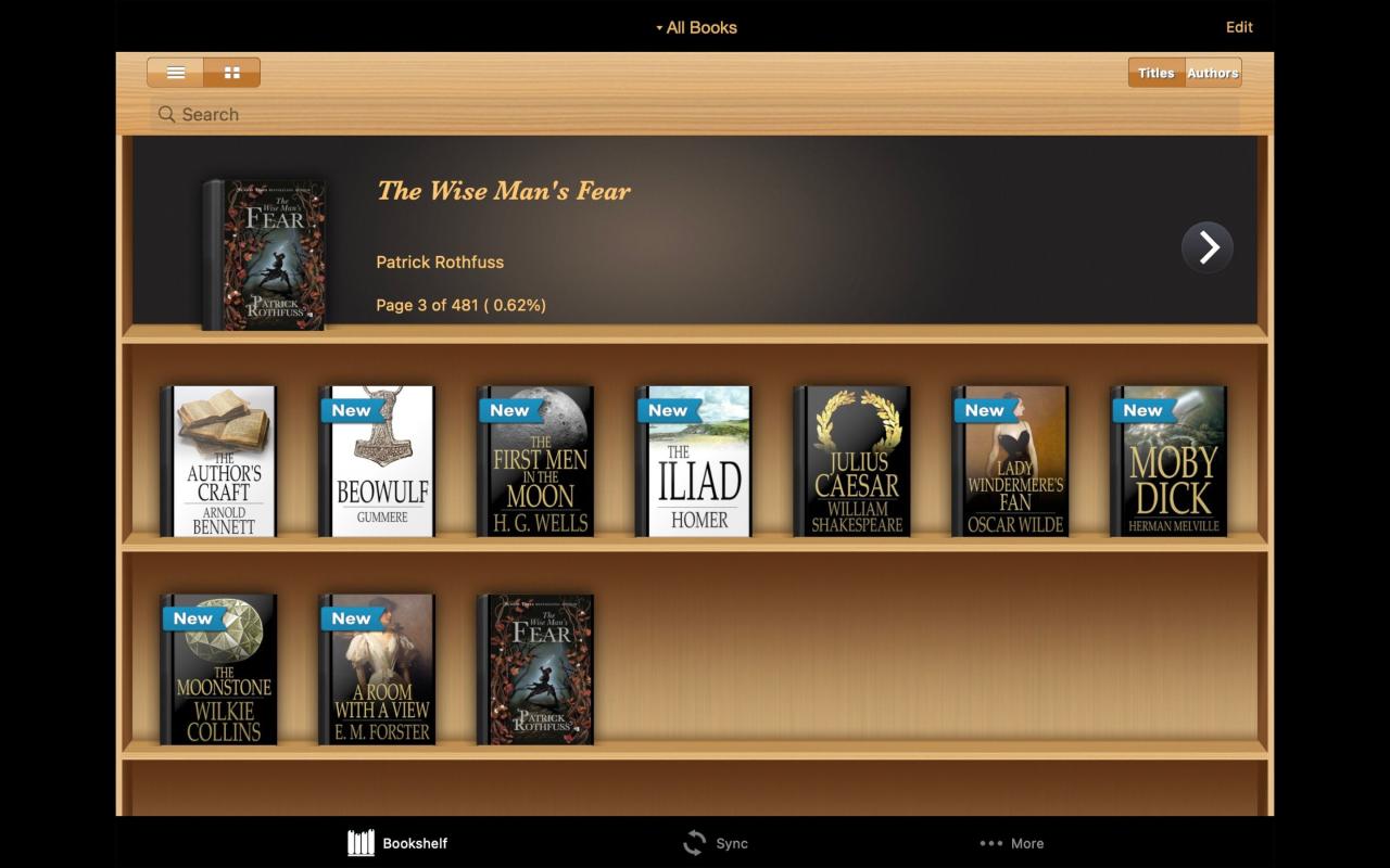 Ebook Reader Bookshelf page