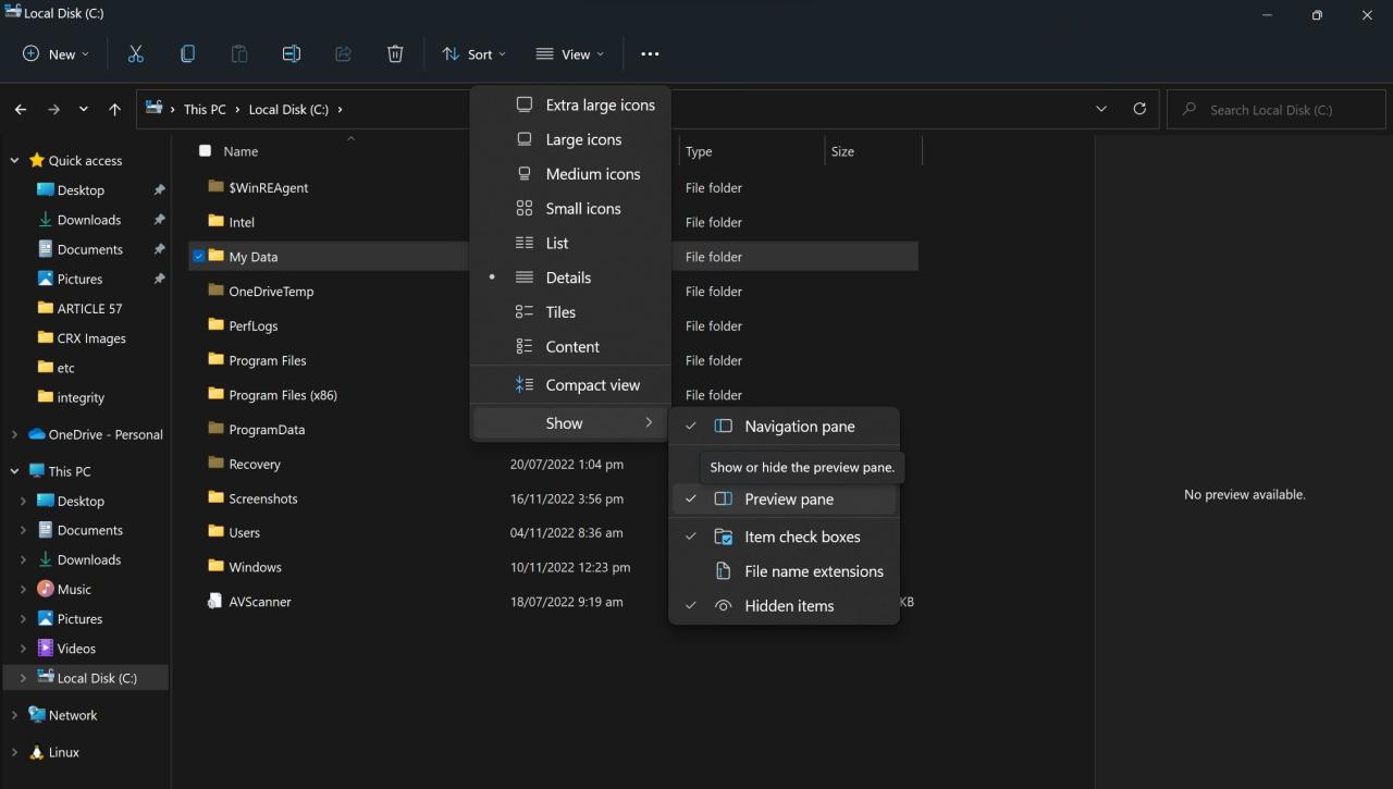 Enabling Preview Pane in Windows 11 File Explorer