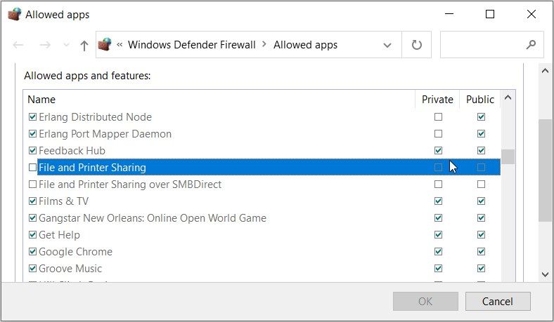 Enabling the File Sharing Option in the Windows Firewall Settings