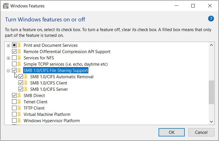 Enabling the SMB 1.0/CIFS File Sharing Support Option