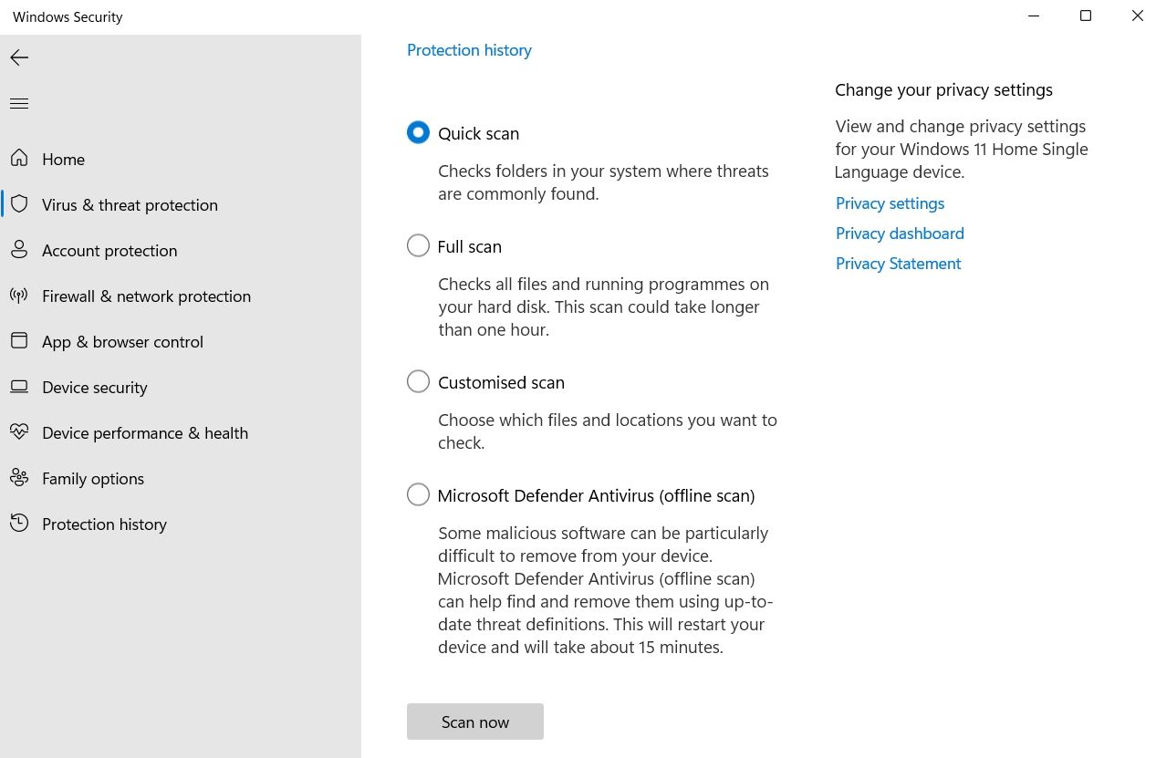 Full Scan option in Windows Security