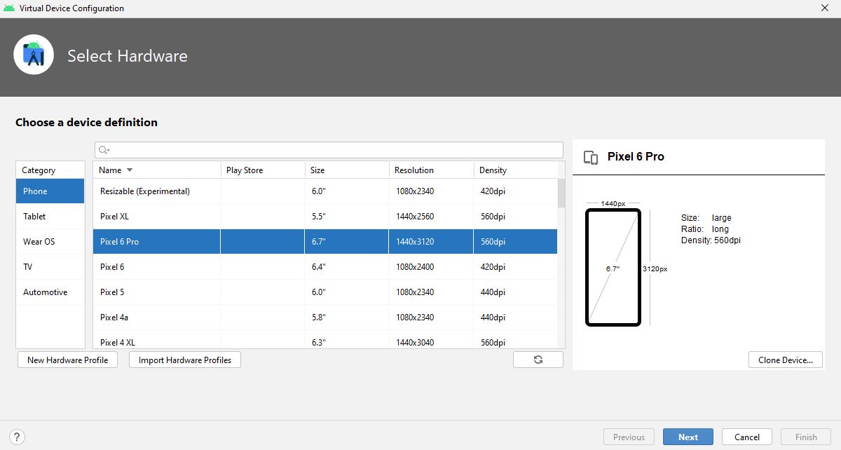 Hardware List In The AVD Manager