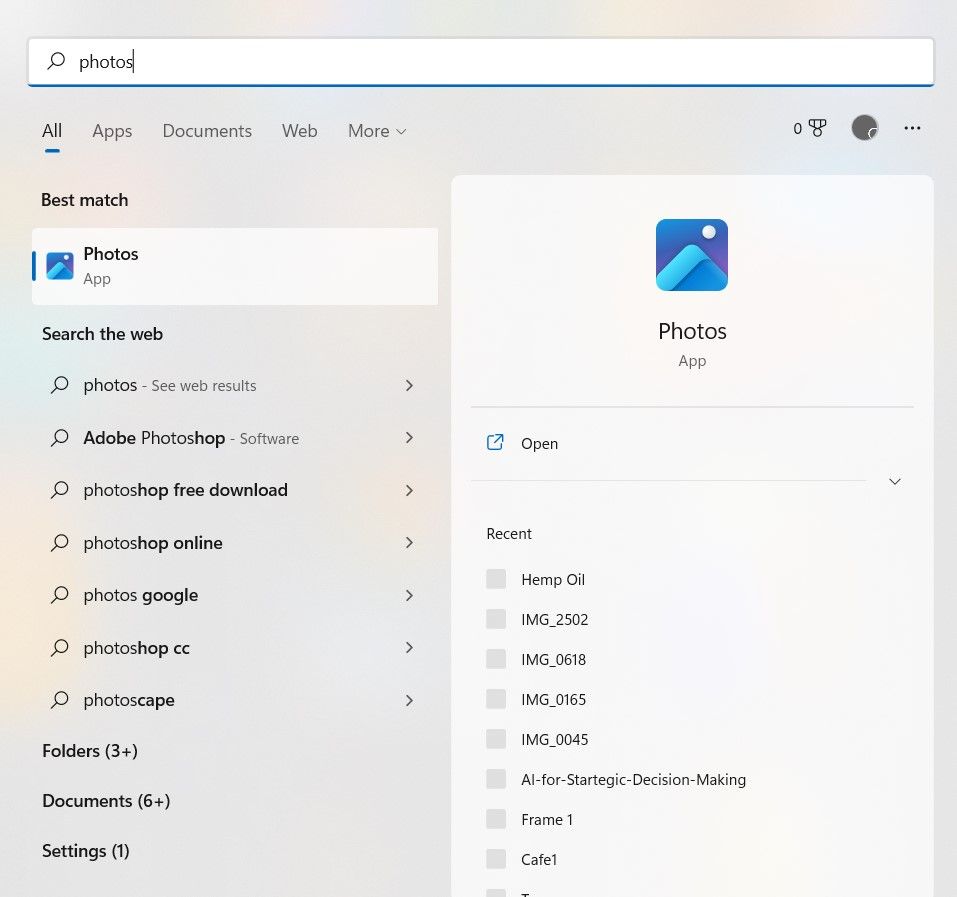 Photos app in the Start menu after a searching for 