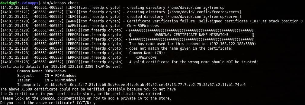 Terminal output of RDP certificate mismatch