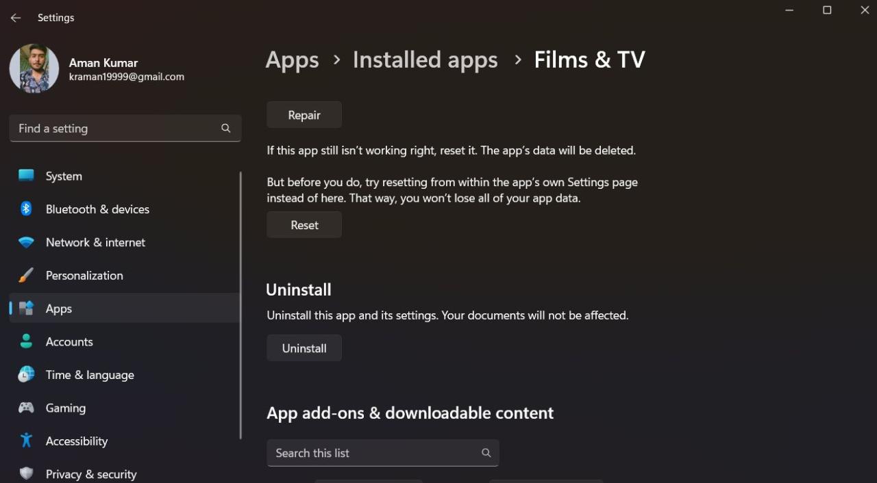 Reset Button to reset the Films & TV app