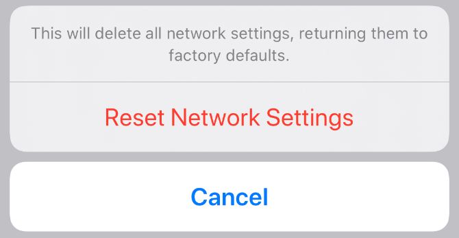 Reset Network Settings confirmation popup on iPhone