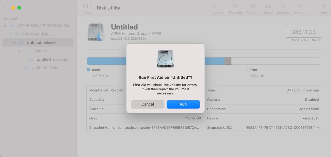 Screenshot of First Aid prompt in Disk Utility